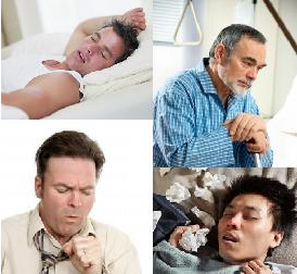 Vier kranke Menschen, zwei atmen sichtbar im Schlaf durch den Mund